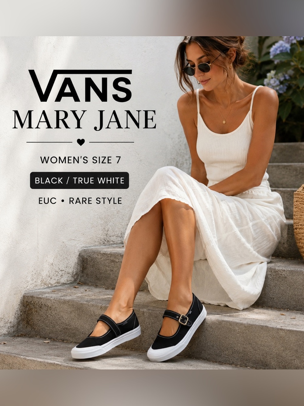 Vans Mary Jane Sneakers Black True White Buckle Strap Canvas Shoes Size 7 EUC